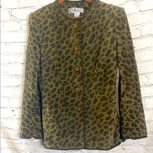 Carlisle Vintage Green Leopard Print Suede Leather Long Sleeve Coat Size Large
